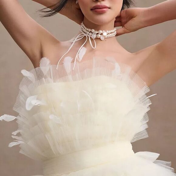 Mac Duggal 20259 MAC DUGGAL  Beige Feathered Strapless Tulle Fit and Flare Dress - Picture 3 of 16